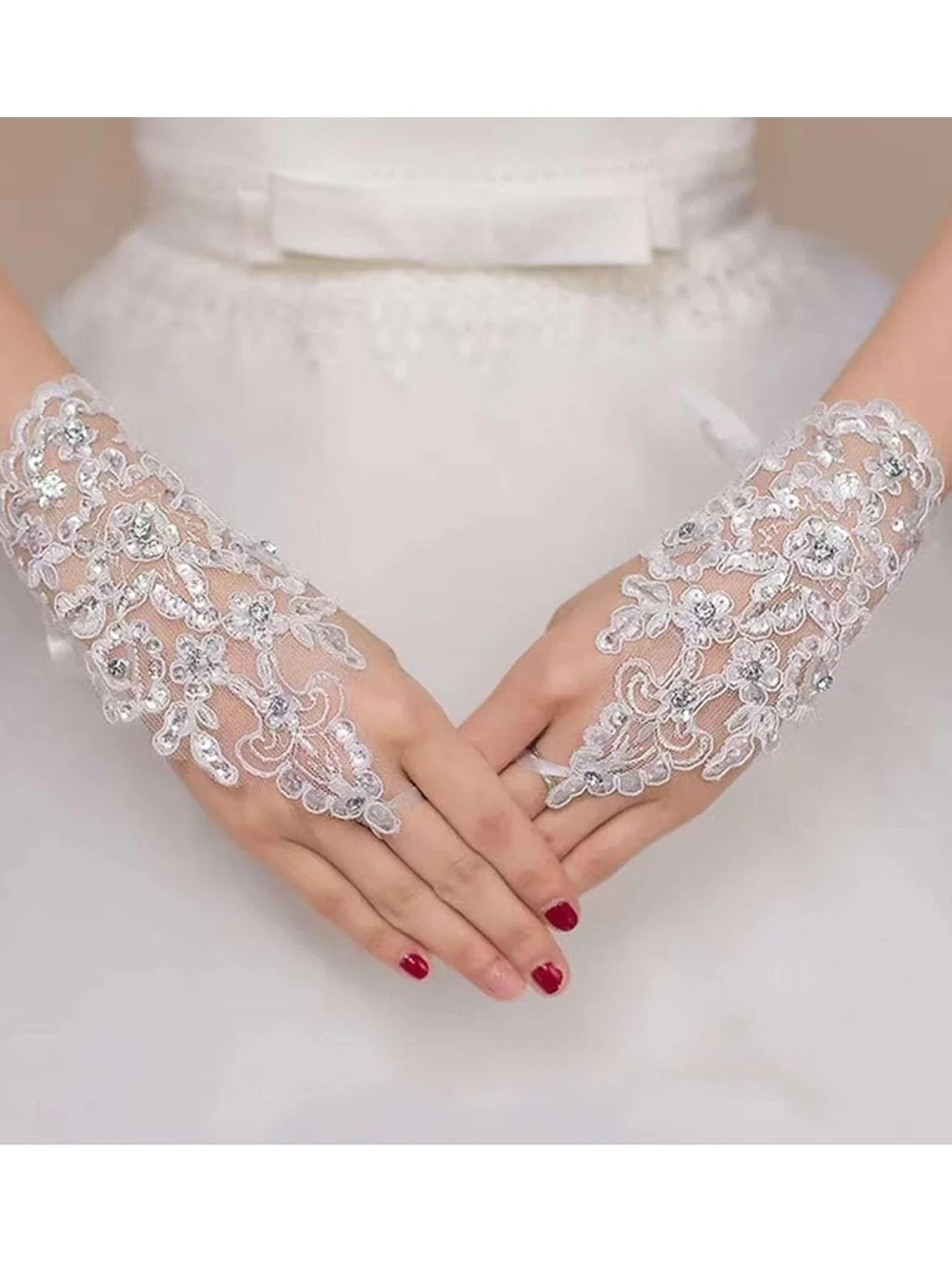 Lace Fingerless Gloves with Sequin Embellishments - White